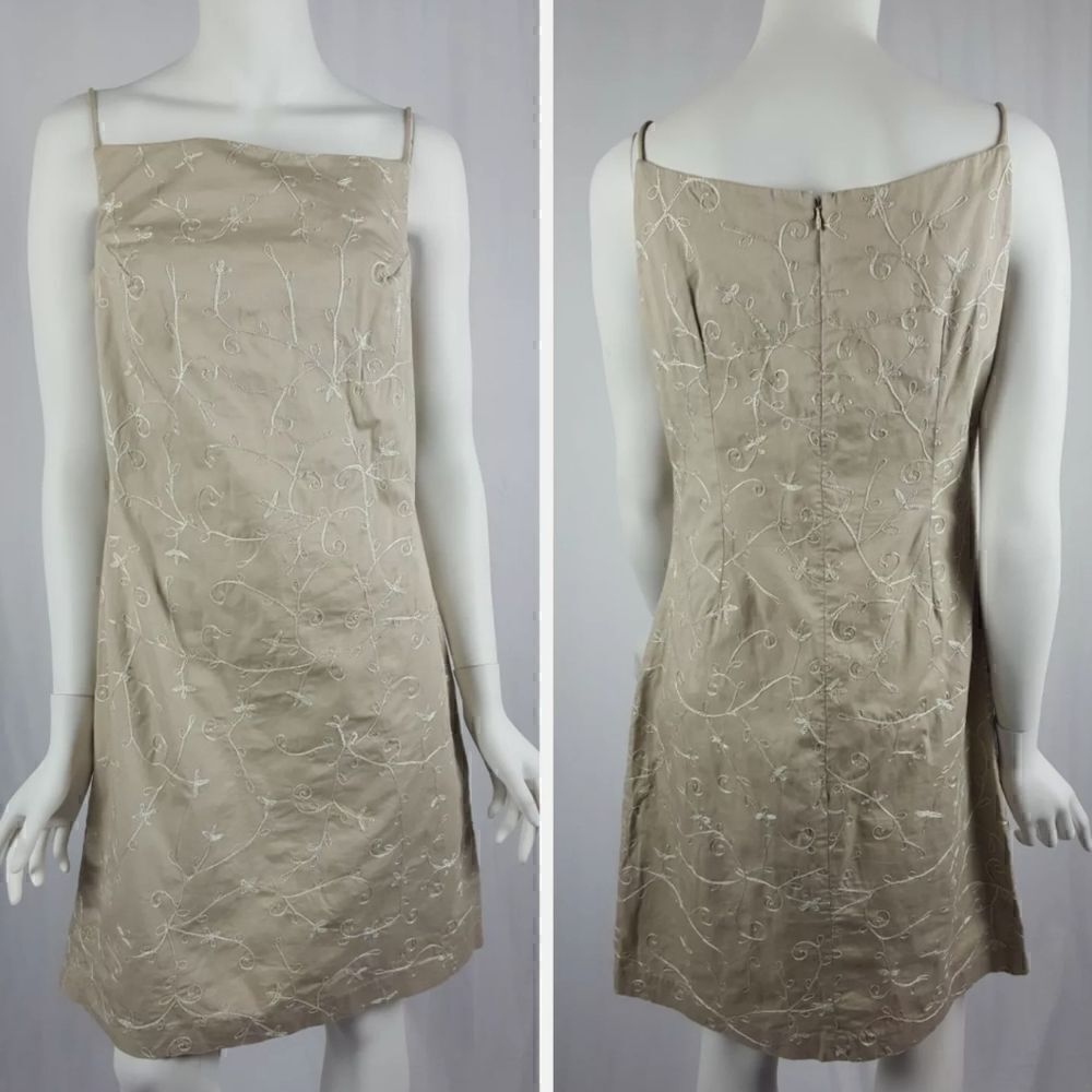 Tommy Hilfiger Womens Size 8 Tan Floral Embroidered Spaghetti Strap Shift Dress